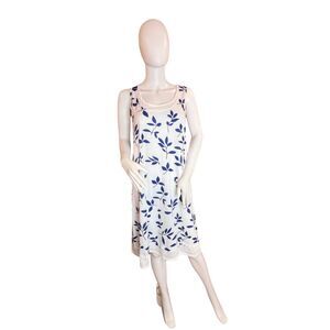 MissLook Dress XL White Blue Leaf Print Sheer Botanical Modern Sleeveless Dress